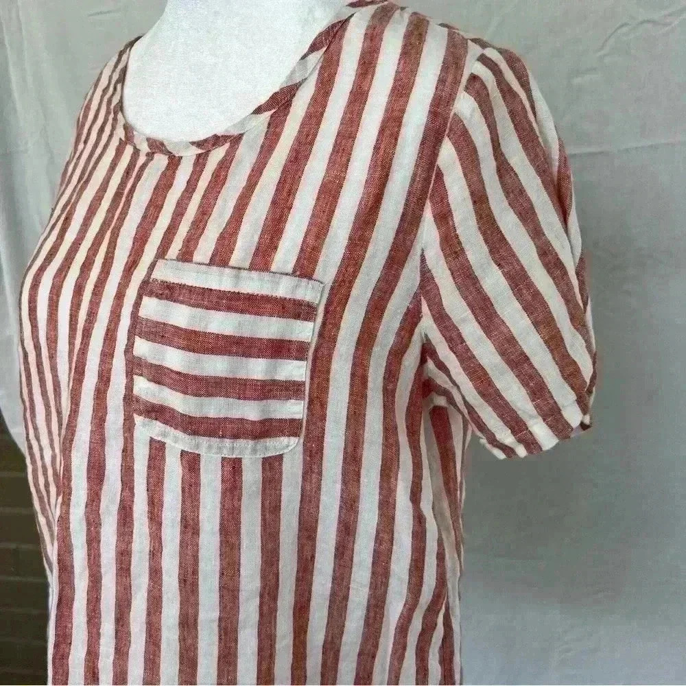 Christian Siriano striped linen short-sleeved crew neck blouse with pocket. - Picture 8 of 9